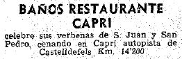 Peque�o anuncio de las verbenas de San Juan y San Pedro del restaurante-balneario Capri de Gav� Mar publicado en el diario La Vanguardia el 23 de Junio de 1967
